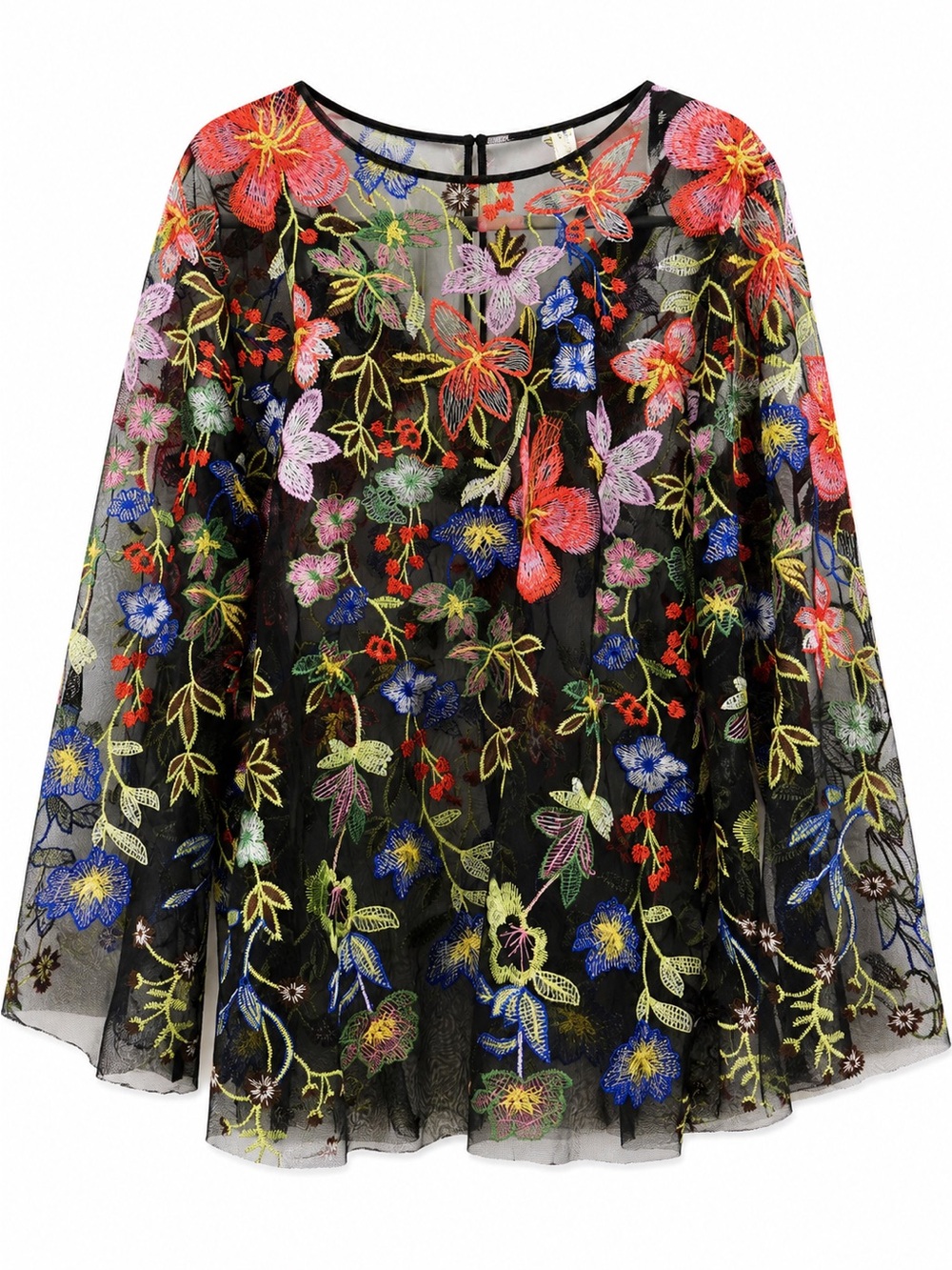 Marc Bouwer Unlimited 1X Black Sheer Floral Embroidered Mesh Bell Sleeve Tunic